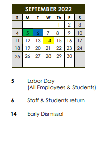 District School Academic Calendar for Sunset Elementary School for September 2022