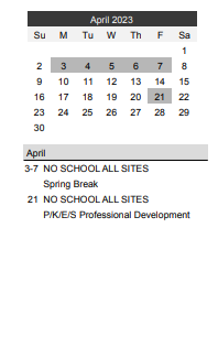 District School Academic Calendar for Eastside Workplace Kindergarten for April 2023