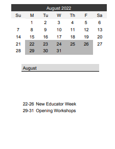 District School Academic Calendar for Family Education Program for August 2022
