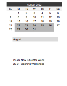 District School Academic Calendar for Home/hospital Instruction for August 2022