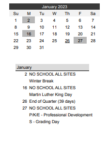 District School Academic Calendar for Arlington House Special Education for January 2023