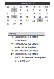 District School Academic Calendar for Crossroads Science Program for January 2023