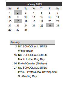 District School Academic Calendar for Shared Time Nonpublic for January 2023