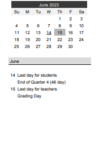 District School Academic Calendar for Elem Autistic Prog/battle Creek EL. for June 2023