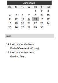 District School Academic Calendar for Crossroads Science Program for June 2023
