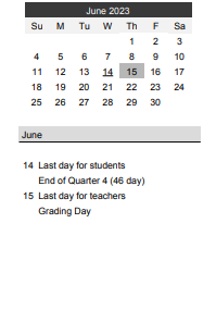 District School Academic Calendar for Highland Park Elementary for June 2023