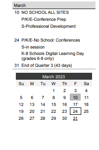 District School Academic Calendar for A. G. A. P. E. Teen Parent for March 2023