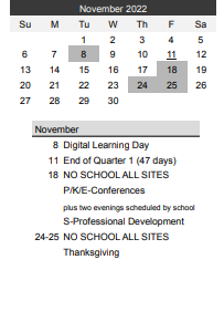 District School Academic Calendar for Hancock/hamline Magnet Elementary for November 2022