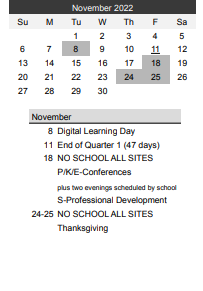 District School Academic Calendar for Crossroads Science Program for November 2022