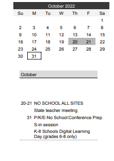 District School Academic Calendar for On Line Learning Secondary for October 2022