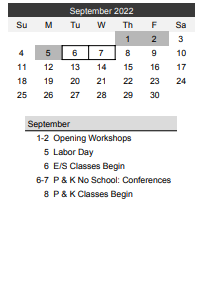 District School Academic Calendar for Resident Student/out Of State for September 2022
