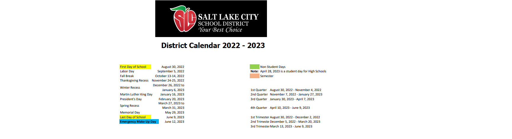 District School Academic Calendar Key for Escalante School