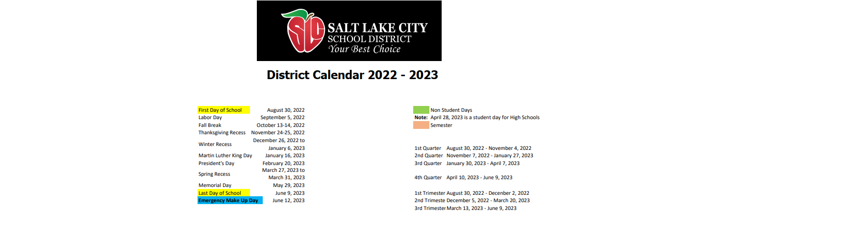 District School Academic Calendar Key for Nibley Park School