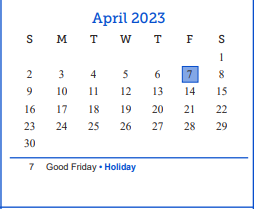 District School Academic Calendar for Goliad Elementary School for April 2023
