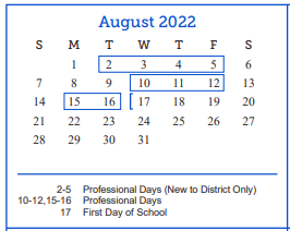 District School Academic Calendar for Fannin Elementary School for August 2022