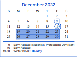 District School Academic Calendar for Day Head Start for December 2022