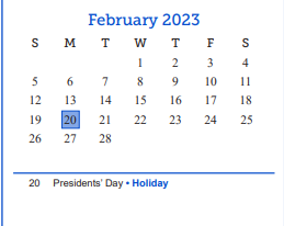 District School Academic Calendar for Day Head Start for February 2023