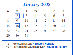 District School Academic Calendar for Holiman Elementary School for January 2023