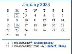 District School Academic Calendar for Reagan Elementary  for January 2023