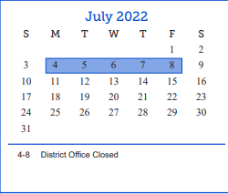 District School Academic Calendar for Bradford Elementary School for July 2022
