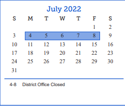 District School Academic Calendar for Blackshear Head Start for July 2022