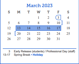 District School Academic Calendar for Day Head Start for March 2023