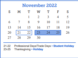 District School Academic Calendar for Belaire Elementary School for November 2022