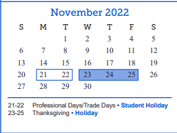 District School Academic Calendar for Bradford Elementary School for November 2022