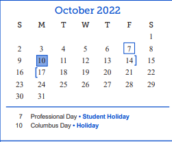 District School Academic Calendar for Blackshear Head Start for October 2022