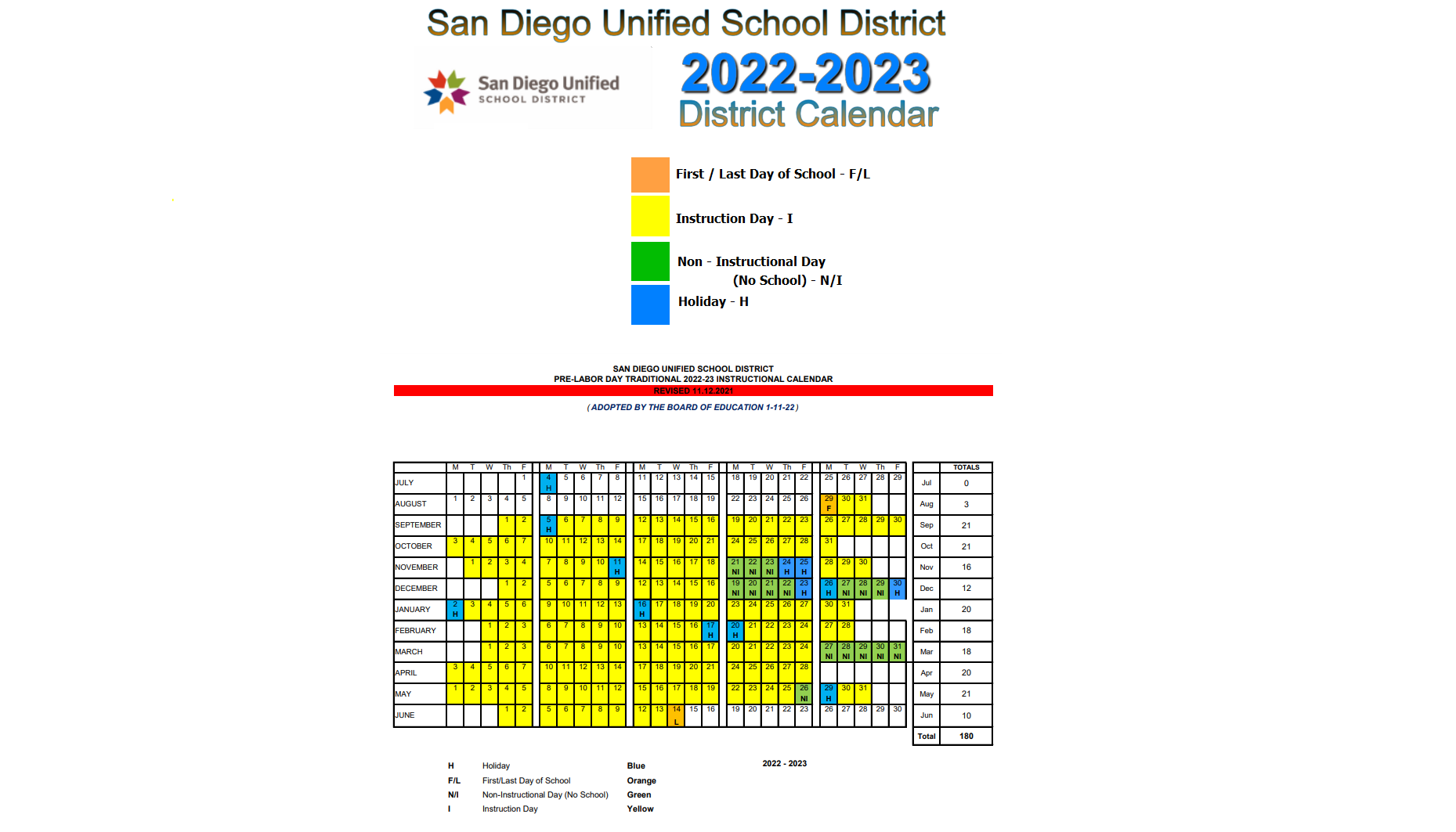 District School Academic Calendar Key for Trace