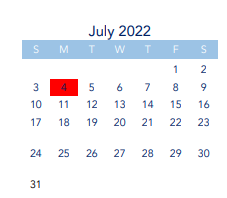 District School Academic Calendar for Sunset Elementary for July 2022