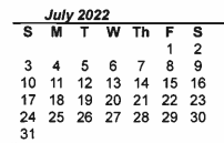 District School Academic Calendar for Tenderfoot Primary for July 2022
