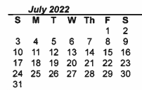 District School Academic Calendar for Denton Co J J A E P for July 2022