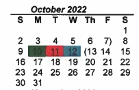 District School Academic Calendar for Denton Co J J A E P for October 2022