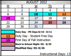 District School Academic Calendar for Garfield Elementary for August 2022