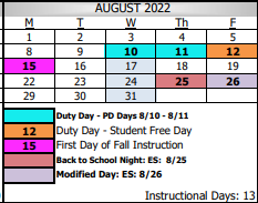 District School Academic Calendar for Santiago Elementary for August 2022