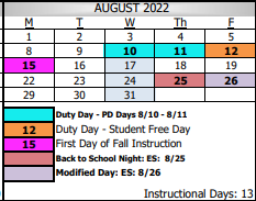 District School Academic Calendar for Wilson Elementary for August 2022