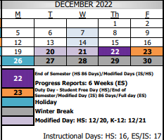 District School Academic Calendar for Monte Vista Elementary for December 2022
