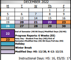 District School Academic Calendar for Santiago Elementary for December 2022