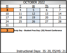 District School Academic Calendar for Santiago Elementary for October 2022