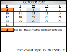 District School Academic Calendar for King Elementary for October 2022