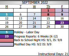 District School Academic Calendar for Taft Elementary for September 2022