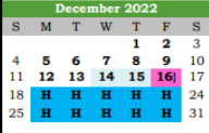 District School Academic Calendar for Galveston Co J J A E P for December 2022