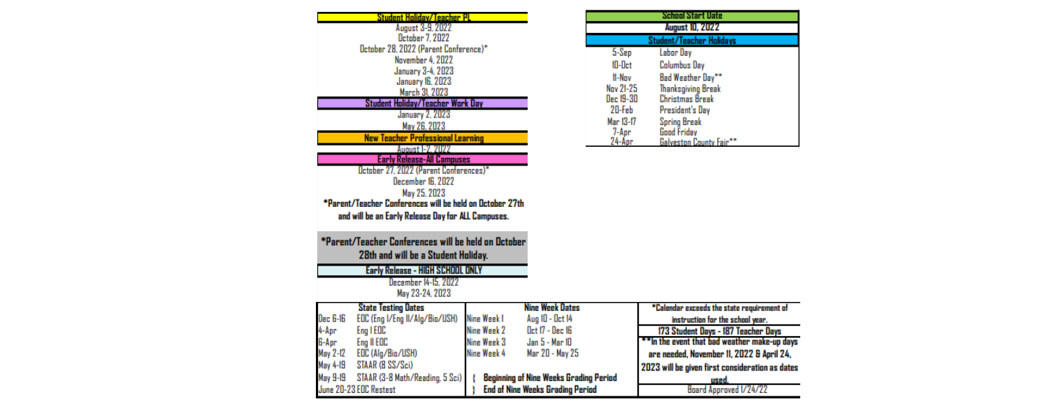 District School Academic Calendar Key for Galveston Co J J A E P