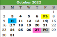 District School Academic Calendar for Galveston Co J J A E P for October 2022