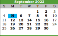 District School Academic Calendar for Galveston Co J J A E P for September 2022