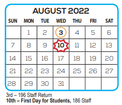 District School Academic Calendar for Garden Elementary School for August 2022