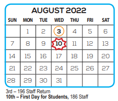 District School Academic Calendar for Lakeview Elementary School for August 2022