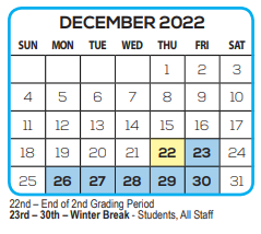 District School Academic Calendar for Suncoast School For Innovative Studies for December 2022