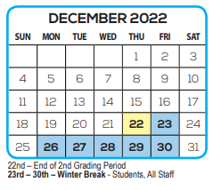 District School Academic Calendar for Children First for December 2022